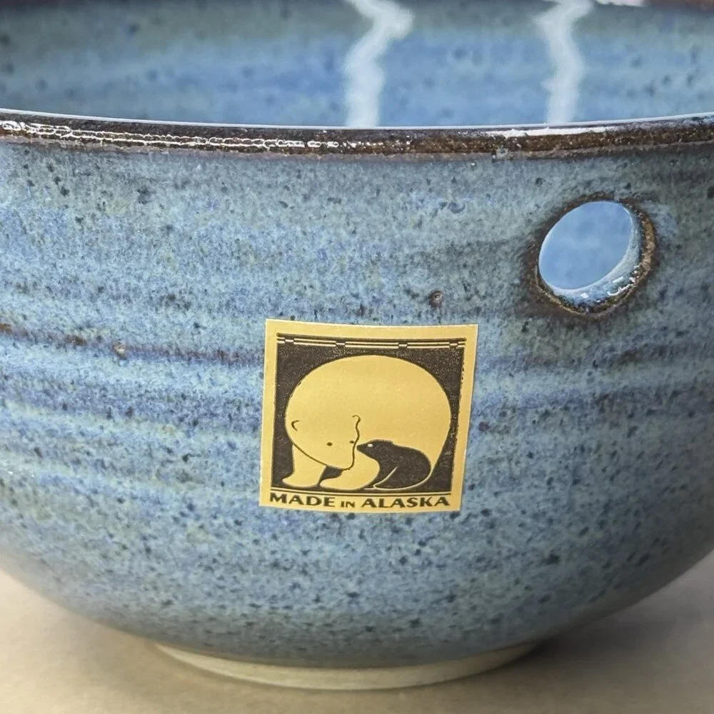 Two Dog Pottery Alaska Bowl Noodle Chopstick Blue Speckled Glazed Ceramic Swirl